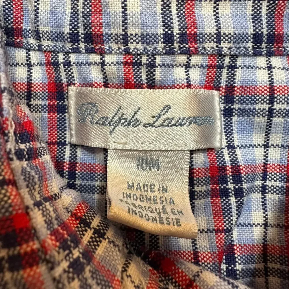 Ralph Lauren Plaid Button Down Shirt sz 18 M Red White Blue Plaid Preppy Classic